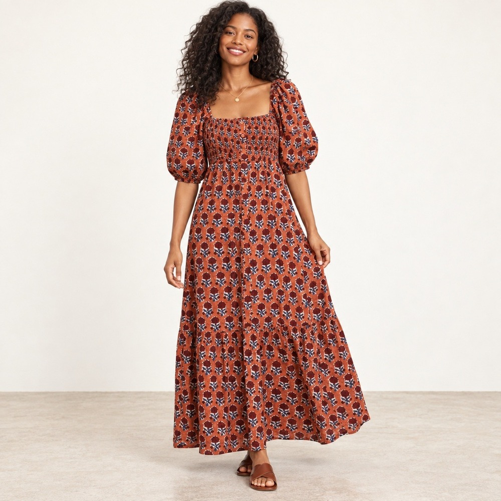Emerson Fry India Collection Dress Hand Block Print Womens XS/S Smocked Maxi